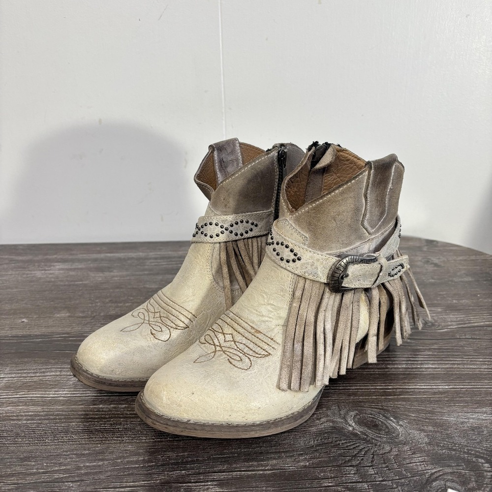 Sterling River Booties Womens Size 7M Beige Leather Western Fringe Ankle Zip